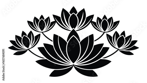 Art of a fanshaped arrangement of five lotus flowers and leaves.