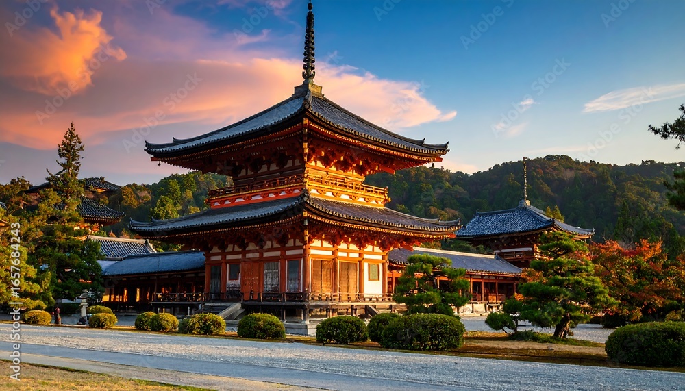 Obraz premium Majestic Japanese Pagoda Temple Amidst Autumn Foliage and Dramatic Sunset Sky.