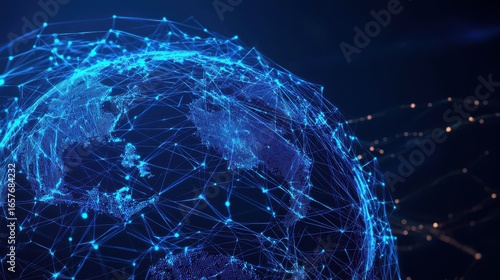 Futuristic visualization of a complex global digital network with interconnected nodes and data exchange representing advanced technology communication and information infrastructure
