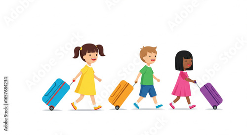 Three children, a girl, a boy and a girl, are walking with their suitcases, ready for a trip.