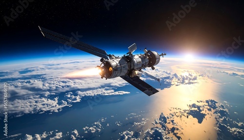 Dramatic view of a space station over Earth with the sun rising in the background