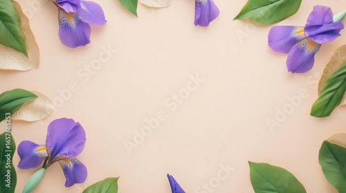 Floral Frame with Purple Iris Flowers, Green Leaves, and Gold Accents on a Peach Background