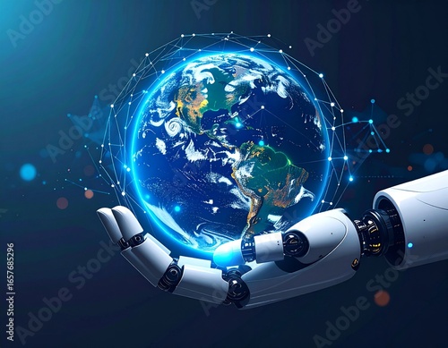 AI and Global Connectivity A Robotic Hand Holding the Earth