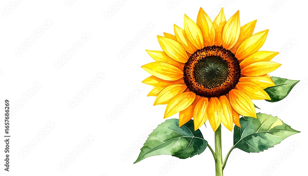 Fototapeta premium A vibrant, detailed depiction of a sunflower, rendered in watercolor style, with bright yellow petals and green leaves, set against a plain white background.