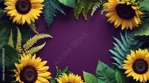 Vibrant Sunflowers and Ferns Against a Deep Plum Backdrop, Creating a Natural Frame