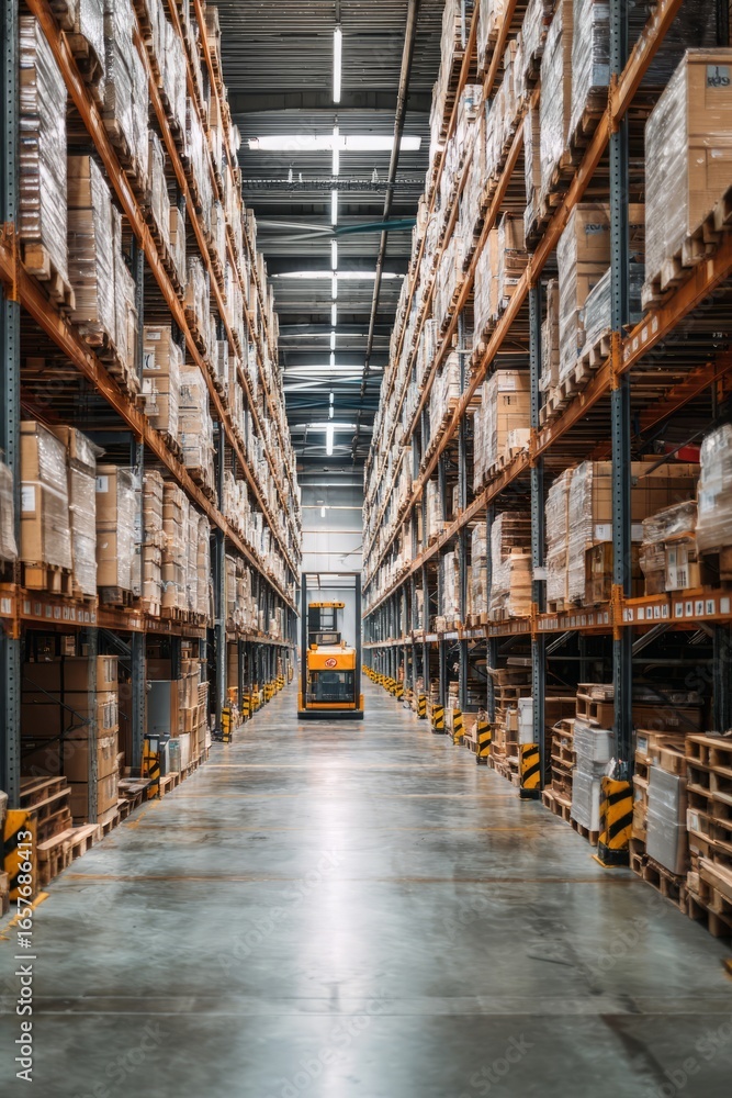 Fototapeta premium A warehouse aisle with stacked pallets and robots moving items An AI robot is organizing inventory based on demand forecasts The mood, Generative AI