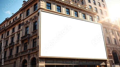 Blank billboard on ornate building facade with sun flare