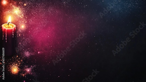 Vibrant Candlelight Illuminating a Cosmic Dance of Stars and Nebulae in Purple and Blue Hues