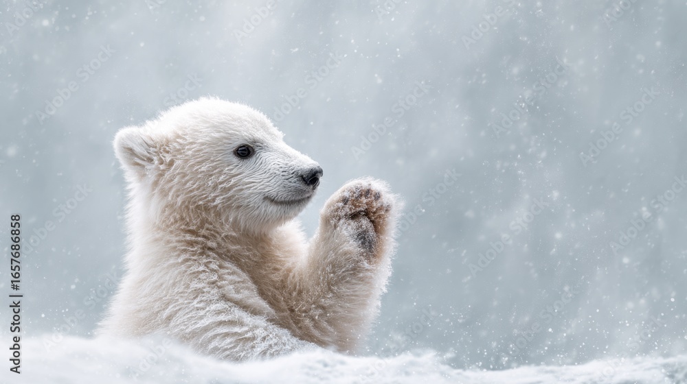 Fototapeta premium Cute polar bear baby cub raising paw and waving. Wild animal in snowy Arctic. Winter wildlife and nature adventure.
