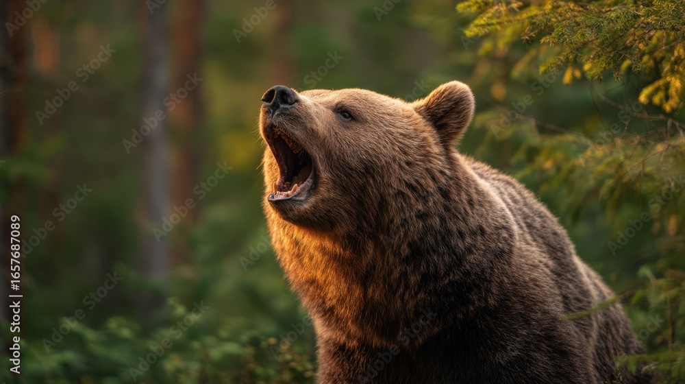 Obraz premium Close up of a wild brown bear roaring in a green forest at sunset. Wildlife animal concept for nature conservation.