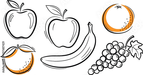 Fresh fruit collection, apples, banana, orange, grapes, healthy food art