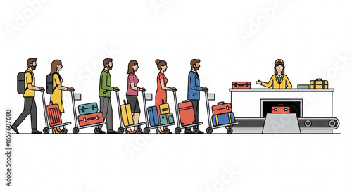 Passengers queue at airport check-in, using luggage carts, awaiting baggage handling.