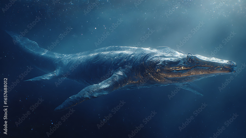 Fototapeta premium Explore the depths of the ocean with this majestic plesiosaur swimming in deep sea adventure scene art
