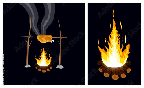 Roasted chicken cooking on a spit over a campfire and a separate fire pit. Flat style vector illustration for outdoor cooking.