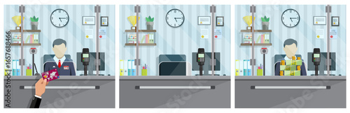 A bank teller processing a credit card transaction and a concept of cash money exchange, for financial business illustration.