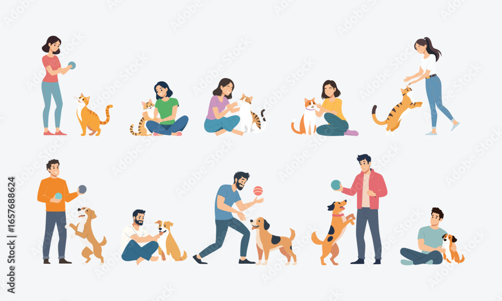 Fototapeta premium People playing with cat and dog vector graphic illustration set