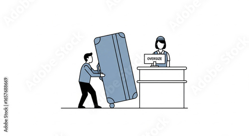 A man pushing a large suitcase towards a hotel receptionist at a check-in desk.