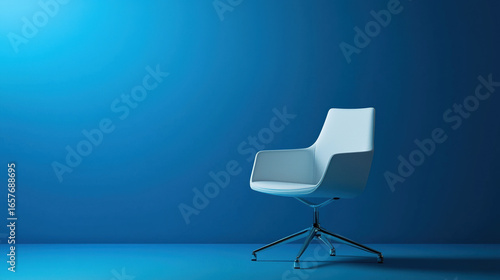 A single minimalist office chair with smooth, pure white surfaces and soft shadows. 