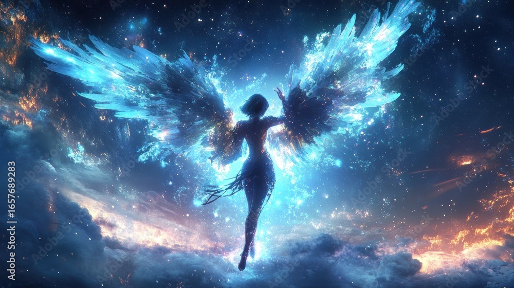 Naklejka premium A celestial being with large, crystalline, ice-blue wings soars through a vibrant, cosmic cloudscape of oranges and blues, speckled with starlight