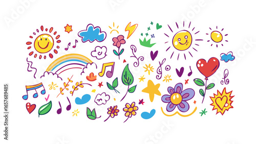 Cheerful doodle elements with suns and flowers rainbow