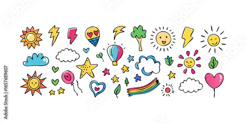 Cheerful doodle icons with playful elements lightning bolt