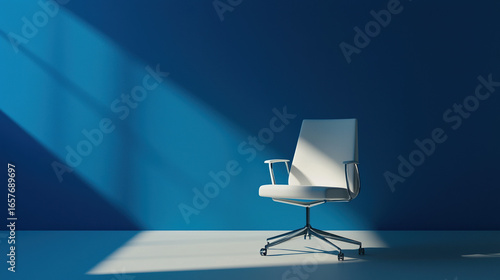 A single minimalist office chair with smooth, pure white surfaces and soft shadows. 