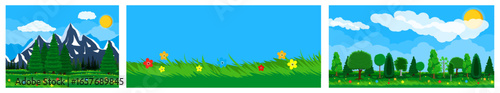 Collection of natural landscapes in flat style with green grass, mountain, forest, and spring flowers.