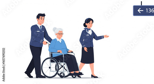 Airport staff assisting elderly woman in wheelchair, navigating towards gate.
