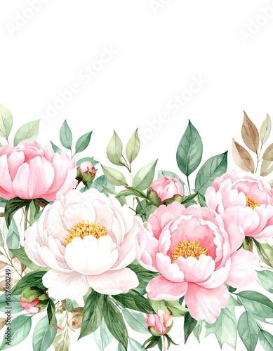 Watercolor Peonies Floral Border Design