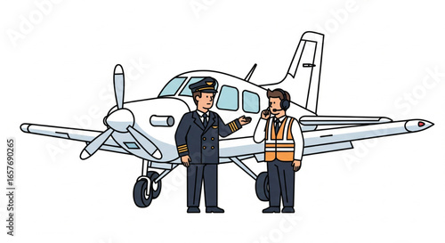Two aviation professionals standing near a small airplane, engaged in conversation.