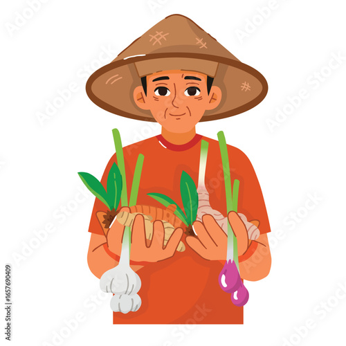 Illustration of a farmer wearing a conical hat holding freshly harvested vegetables including garlic, turmeric, ginger, and onions, symbolizing agriculture and organic farming.