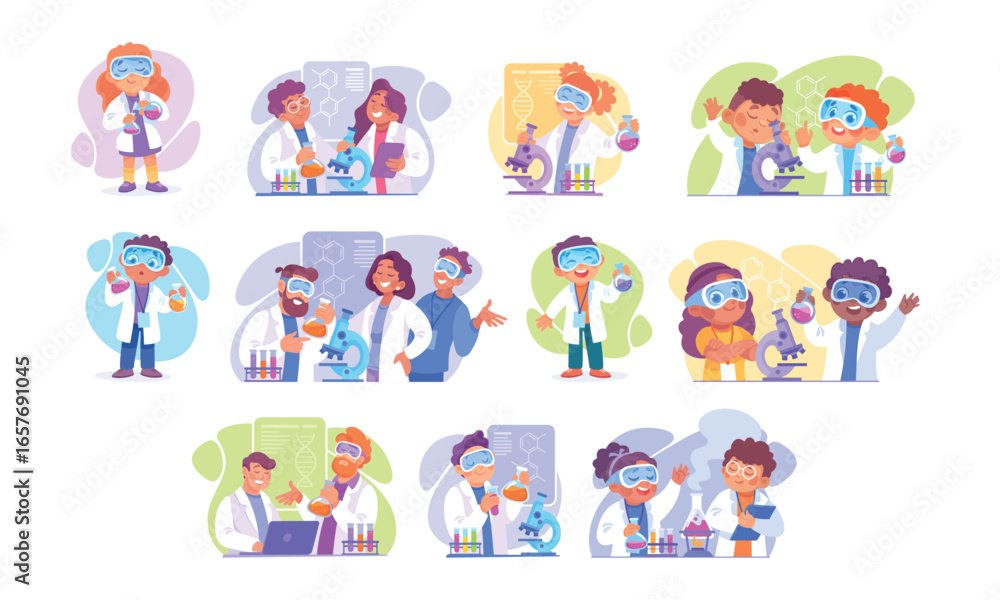 Fototapeta premium Cartoon scientists inspire young minds through fun experiments in a colorful depiction