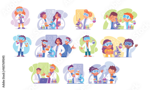 Cartoon scientists inspire young minds through fun experiments in a colorful depiction