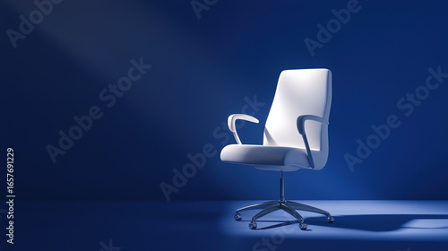 A single minimalist office chair with smooth, pure white surfaces and soft shadows. 