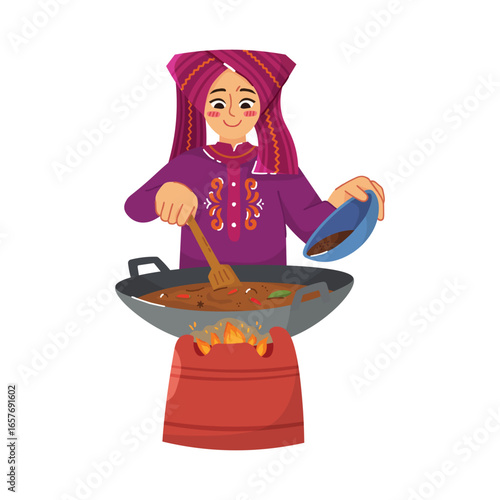 Illustration of a woman in West Sumatera traditional attire cooking over an open fire, stirring a large wok of spicy stew with vegetables and herbs, symbolizing culture and homemade cuisine.