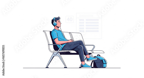 A young man wearing headphones sits in an airport waiting area, relaxed and listening to music.