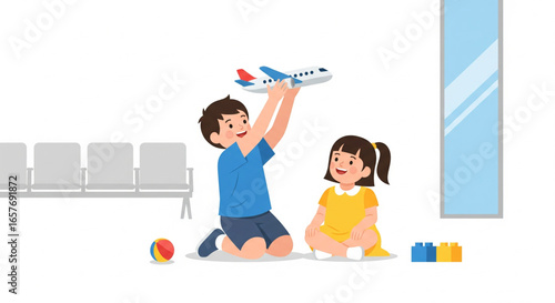 Two children joyfully play with a toy airplane in an airport waiting area.