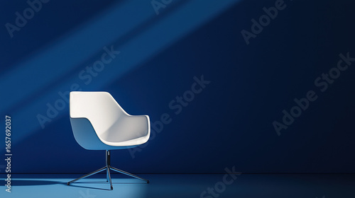 A single minimalist office chair with smooth, pure white surfaces and soft shadows. 