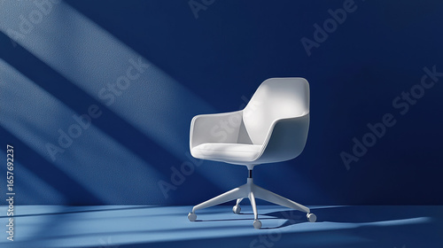 A single minimalist office chair with smooth, pure white surfaces and soft shadows. 