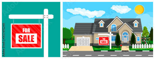 For sale sign in bright red and white for real estate display. Home with lush garden and blue sky, property for sale.