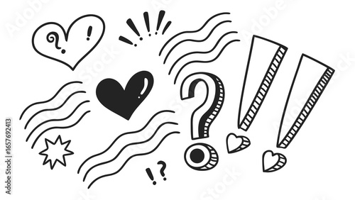 Doodle hearts question marks and exclamation points