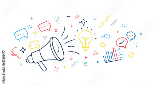 Doodle style megaphone light bulb and chat bubbles