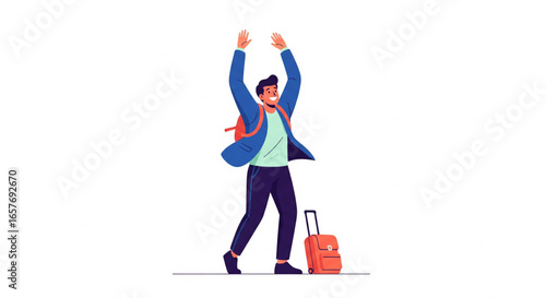 A man with a backpack and suitcase raises his arms in celebration, isolated on a white background.