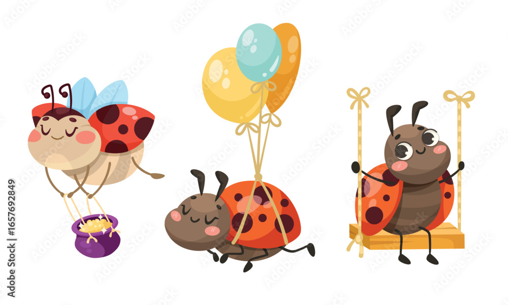 Naklejka premium Colorful Ladybug Characters and Friends Joyfully Celebrating with Balloons and Activities