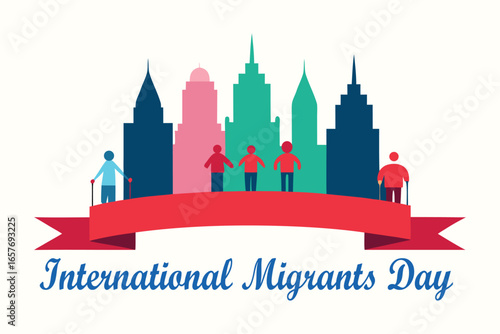 International Migrants Day Flat Vector of Migrants Arriving at Welcoming City Skyline