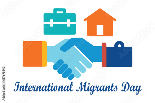 International Migrants Day Vector of Handshake with Luggage and Home Icons.