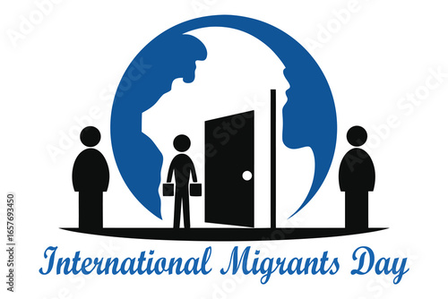International Migrants Day Vector Silhouette of People Around Open Door in Globe