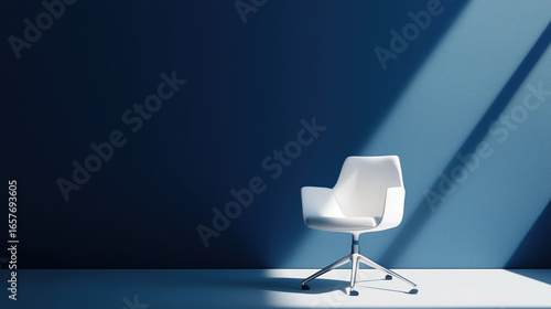A single minimalist office chair with smooth, pure white surfaces and soft shadows. 