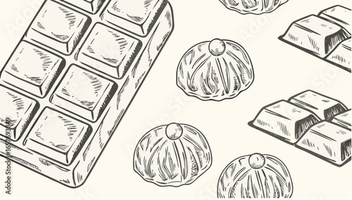 Illustration showing a chocolate bar and several chocolate candies in a repeating pattern on a light background silhouette