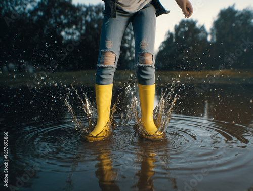 a young person relax wearing yellow rain boots splashing in a puddle